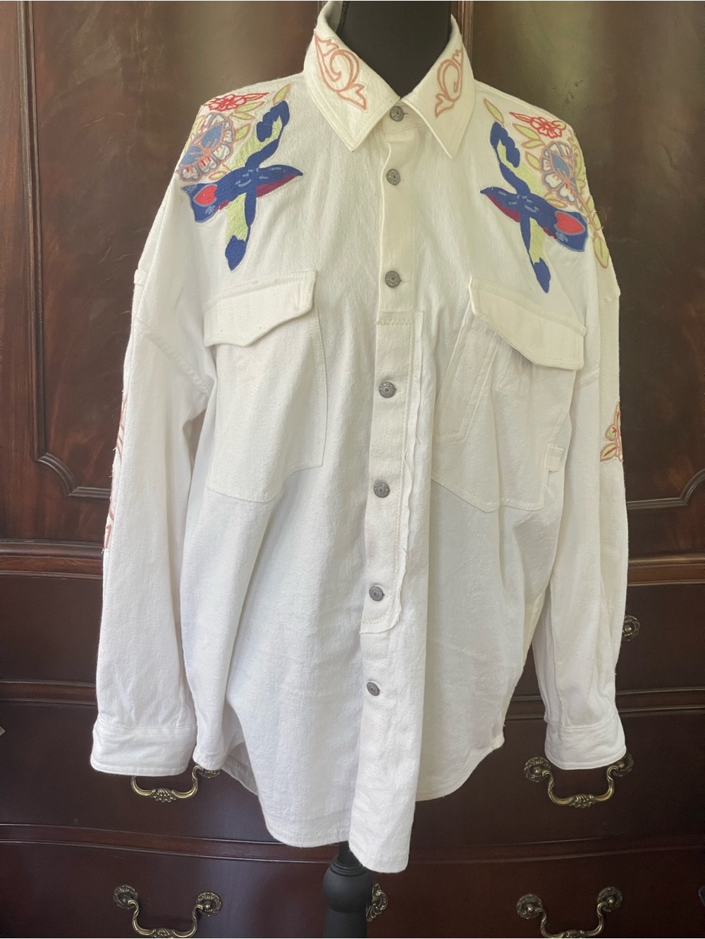 We The Free White Button-Up Blouse with Blue & Red Embroidery